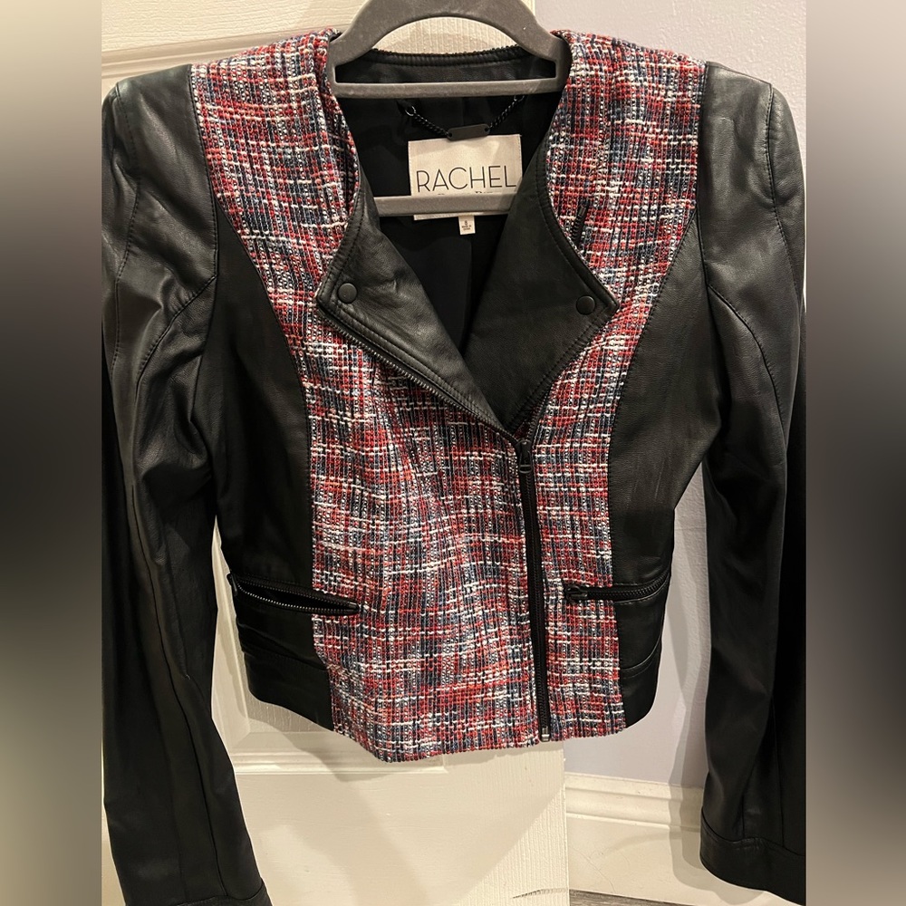 Rachel Roy women's tweed moto zipper biker jacket faux leather Sz 8